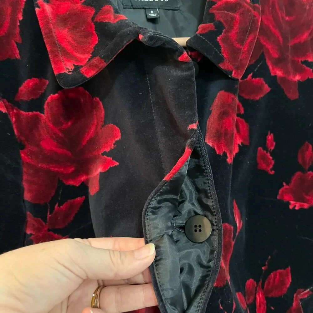 Talbots Sz 8 Black Velvet Lined Jacket Blazer Red Roses Button Up Pockets